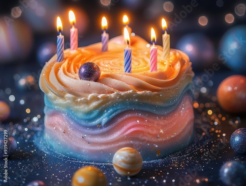 levitating birthday cake with swirling galaxyinspired frosting and constellation candles surrounded by miniature planets made of candy photo