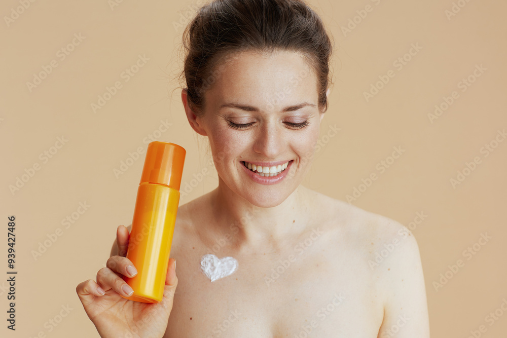 smiling modern female with cosmetic cream jar smiling modern female with cosmetic cream jar