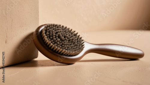 Natural bristle hairbrush resting on a beige background photo