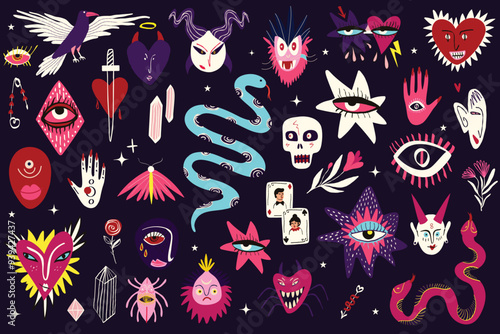 Vibrant bright Strange ugly Halloween characters. Cute bizarre comic characters in modern flat hand drawn childish style