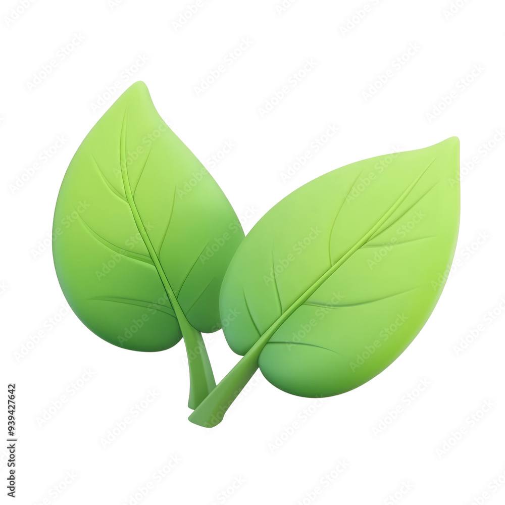 two green leaf 3d render icon isolated on transparent background cutout