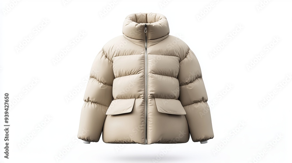 Ghost mannequin effect displaying a beige womens puffer down jacket without a human figure isolated on a white background This winter coat features a high collar and pockets designed as Ghost mannequin effect displaying a beige womens puffer down jacket without a human figure isolated on a white background This winter coat features a high collar and pockets designed as