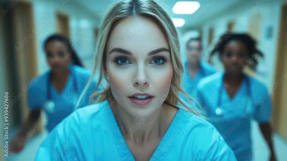 medical urgency dynamic shot of diverse healthcare team rushing through hospital corridor conveys intensity and dedication of frontline workers with blurred motion and determined expressions medical urgency dynamic shot of diverse healthcare team rushing through hospital corridor conveys intensity and dedication of frontline workers with blurred motion and determined expressions