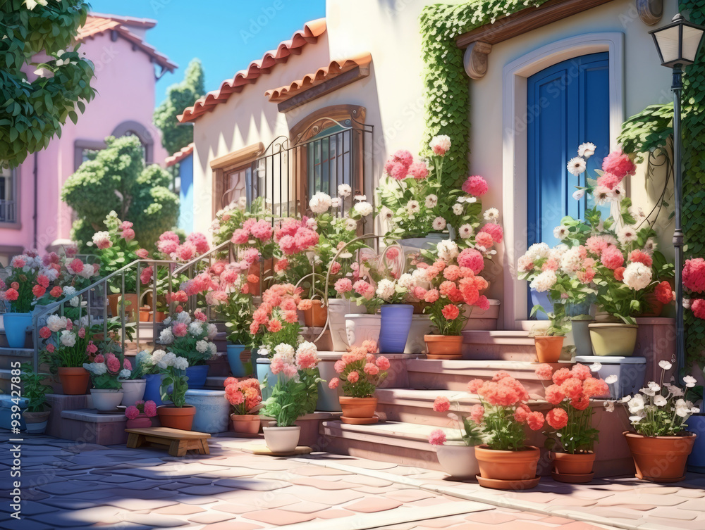 Naklejka premium Gorgious a terrace with tropical plants in pots