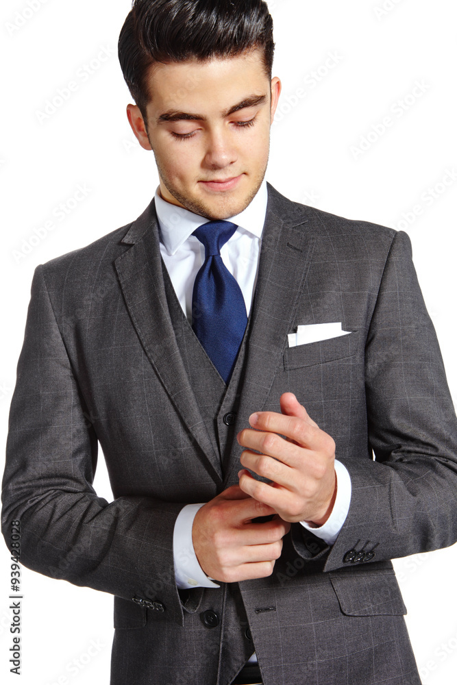 Business, man and serious in studio for fashion on white background for elegant style and outfit as accountant. Male person, entrepreneur and smile on confidence with suit as clothes for office wear Business, man and serious in studio for fashion on white background for elegant style and outfit as accountant. Male person, entrepreneur and smile on confidence with suit as clothes for office wear
