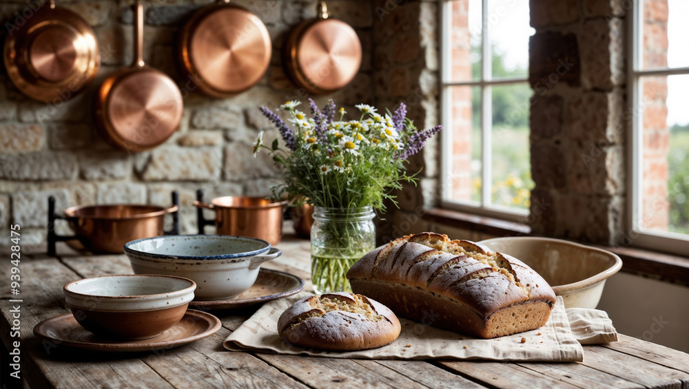 Freshly baked bread loaf cooling on rustic kitchen table with wildflowers Freshly baked bread loaf cooling on rustic kitchen table with wildflowers