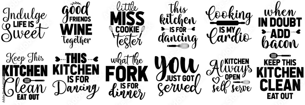 Fototapeta premium Modern Kitchen Typographic Emblems, Trendy Retro Style Illustration Pack Vector Illustration for Mug Design, Stationery, Infographic