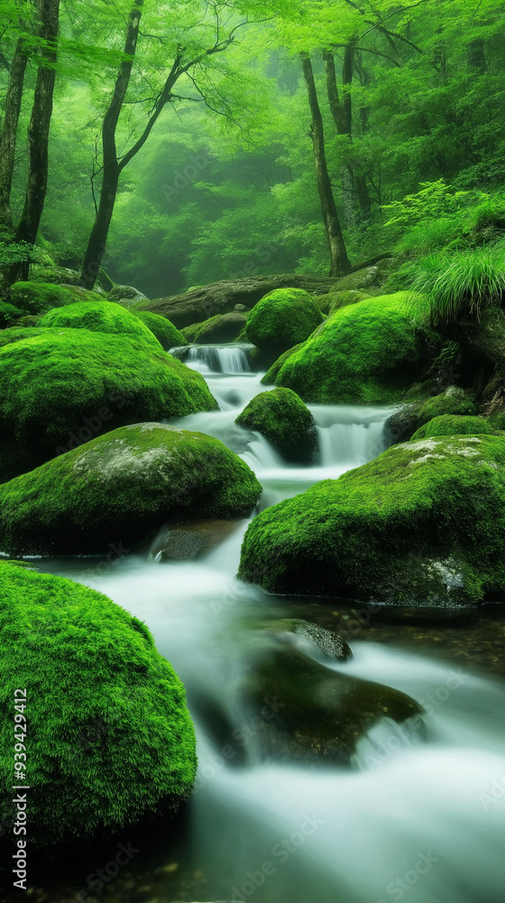 Serene Forest Stream with Moss-Covered Boulders Serene Forest Stream with Moss-Covered Boulders