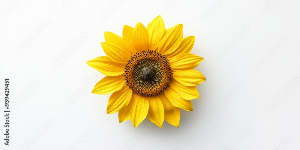 Fototapeta premium A 3D single icon of a vibrant yellow sunflower with large petals and a detailed center designed in a clean minimalistic style. The flower is isolated on a white background with subtle shading
