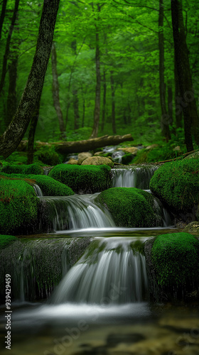 Lush Green Moss and Flowing Water in a Forest Setting