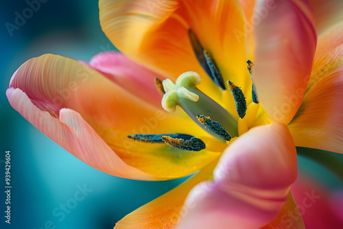 Nahaufnahme von Rosenblüten und einer Tulpenblüte in verschiedenen Farben, Makroaufnahme mit detaillierten Blütenblättern photo