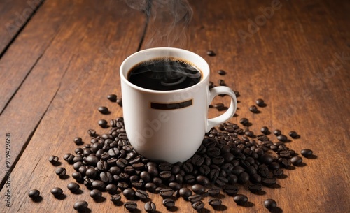 Steaming Cup of Freshly Brewed Black Coffee Surrounded by Coffee Beans