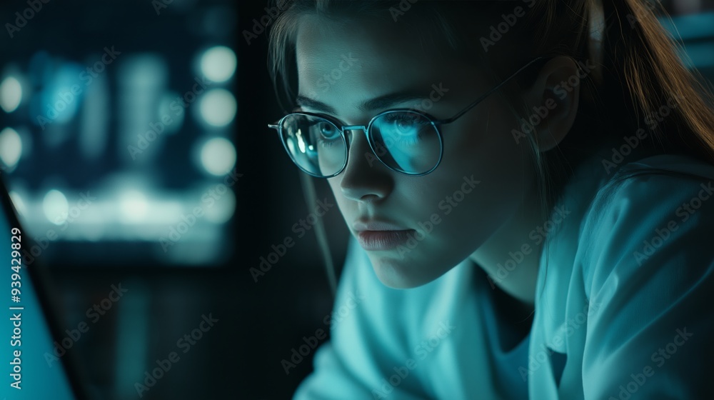 Young scientist wearing glasses working late night in a laboratory with computer screens Young scientist wearing glasses working late night in a laboratory with computer screens