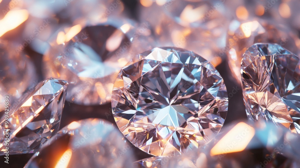 Extreme close-up of multiple diamonds in a cluster, showcasing their different cuts and sizes