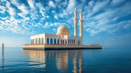 Alrahmah floating mosque with sea in foreground, Jeddah, Saudi Arabia photo