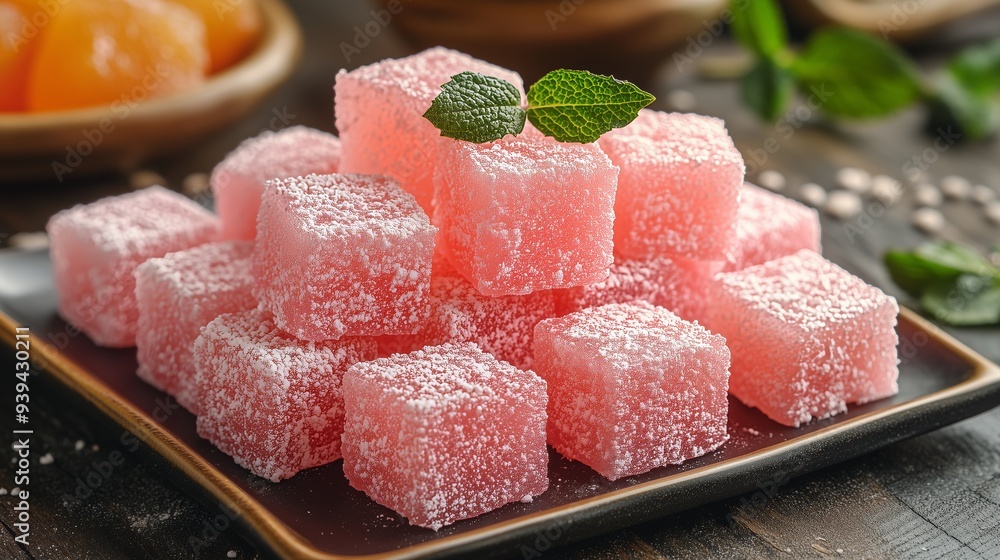 Traditional Turkish Delight Lokum on a Plate - 3D Game Art of Lokum in Bright Environment Traditional Turkish Delight Lokum on a Plate - 3D Game Art of Lokum in Bright Environment