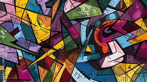 Wallpaper Mural This abstract image portrays the tumultuous and disorganized state of a chaotic mind through dynamic lines, fragmented shapes, distorted perspectives, and a vibrant color palette.  Torontodigital.ca