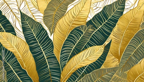 Abstract luxury art background with tropical leaves in blue and green colors with golden art line