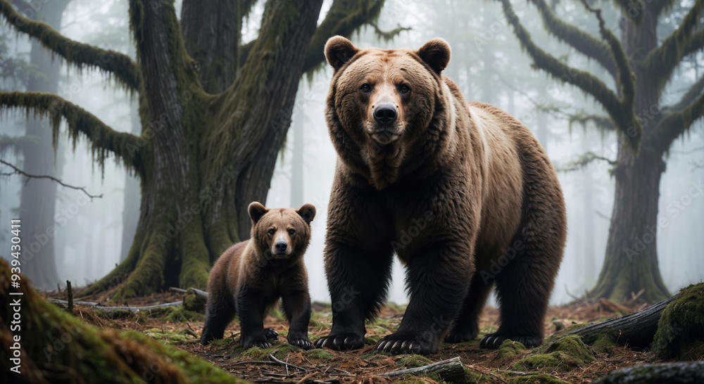 Brown bear family standing in a foggy forest Brown bear family standing in a foggy forest