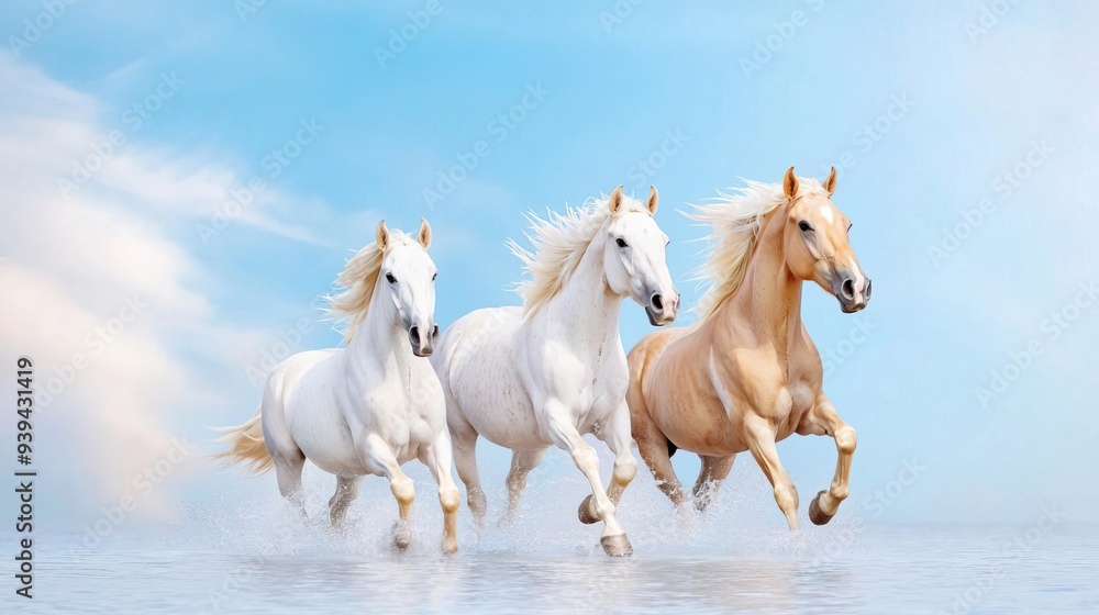 Three beautiful white horses running in a field. Three beautiful white horses running in a field.