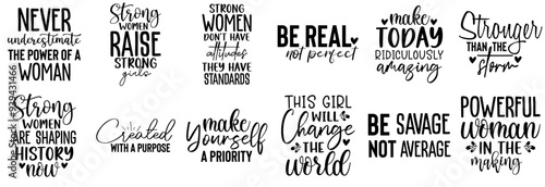 Vibrant Strong Woman Labels And Badges, Calligraphy Set Vector Illustration for Printing Press, Poster, Brochure