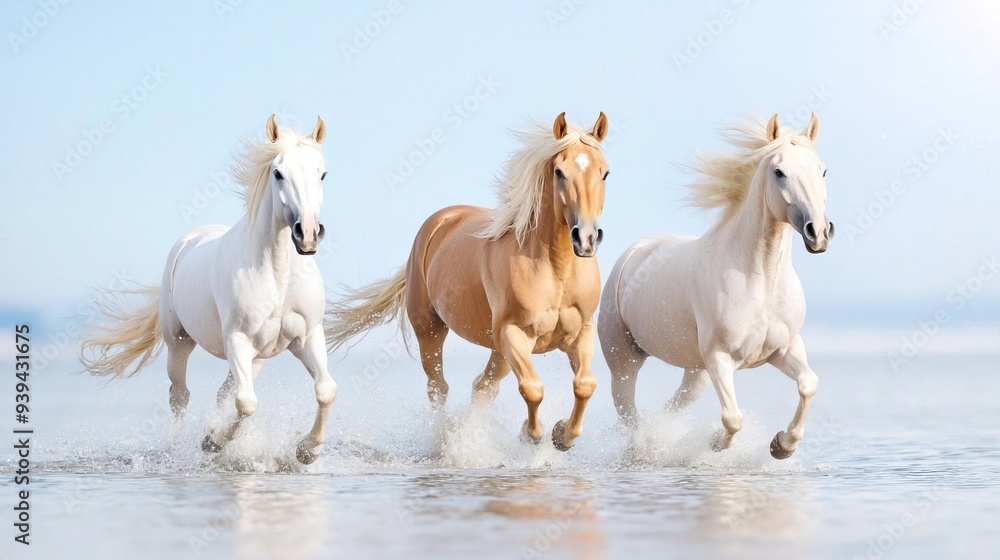 Obraz premium Three horses running in the shallow water of a beach.