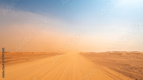 Dusty road stretching through the desert under a clear blue sky.