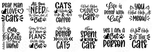 Minimal Cat Trendy Retro Style Illustration, Phrases Set Vector Illustration for Printing Press, Greeting Card, Packaging