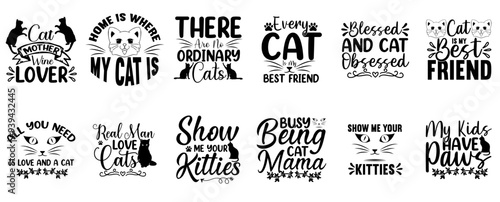 Modern Cat Trendy Retro Style Illustration, Phrases Pack Vector Illustration for Logo, Printing Press, Advertising