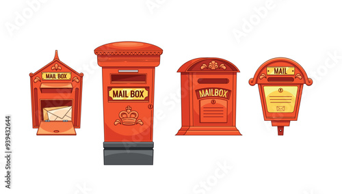 Set Of Classic Red Mailboxes With Mail And Letters, Each Featuring Different Designs And Labels, Crown Emblem and Slots