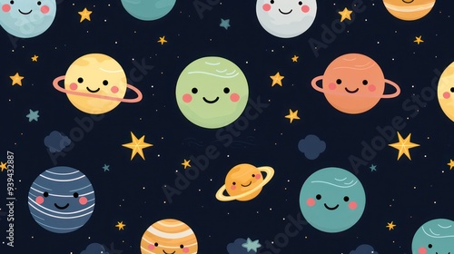 Colorful children's planet cartoon illustration design, with dark background