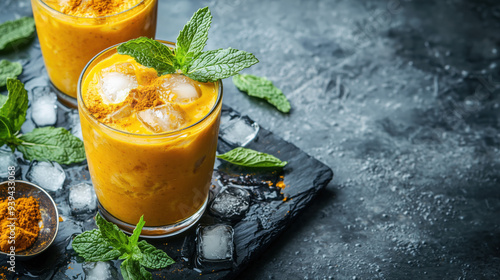 Turmeric milk with ice cubes on a dark background 