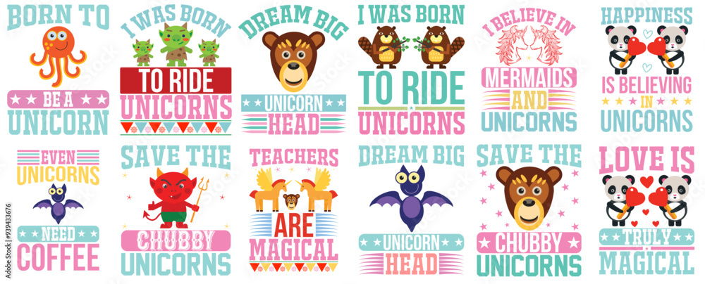 Obraz premium Modern Unicorn Inscriptions, Calligraphic Lettering Bundle Vector Illustration for Motion Graphics, Poster, Mug Design