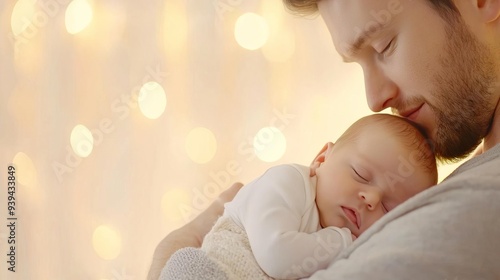 A father gently kisses his sleeping newborn baby in a tender moment of love and affection.