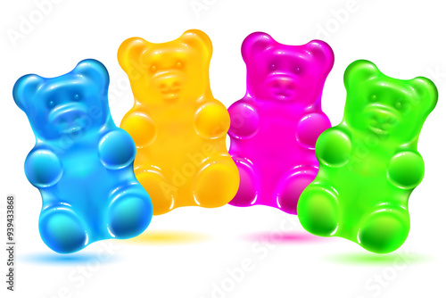 cute colored jelly bears on a white background. bright colorful gummy animals candies. vector illustration.
