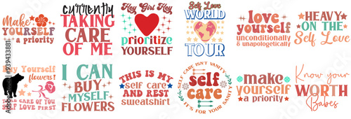 Decorative Self Care Inscriptions, Phrases Pack Vector Illustration for Postcard, Wrapping Paper, Logo