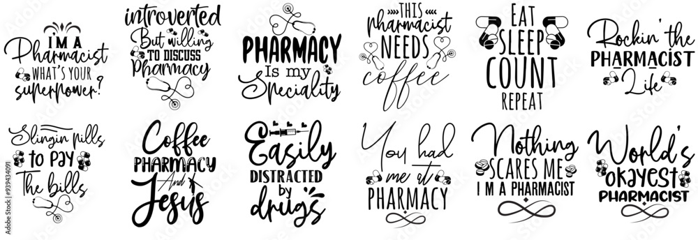 Fototapeta premium Minimalist Pharmacist Calligraphic Lettering, Typography Bundle Vector Illustration for Vouchers, T-Shirt Design, Infographic