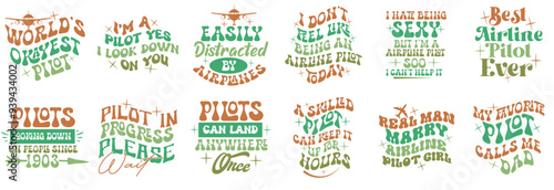 Vibrant Retro Airline Pilot Typographic Emblems, Hand Lettering Collection Vector Illustration for Printing Press, Gift Card, Icon