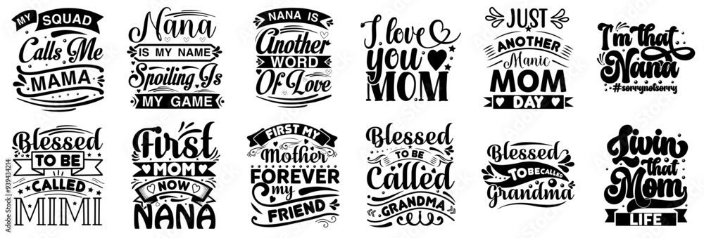 Fototapeta premium Elegant Mothers Day Phrases, Typography Bundle Vector Illustration for Magazine, Wrapping Paper, Book Cover