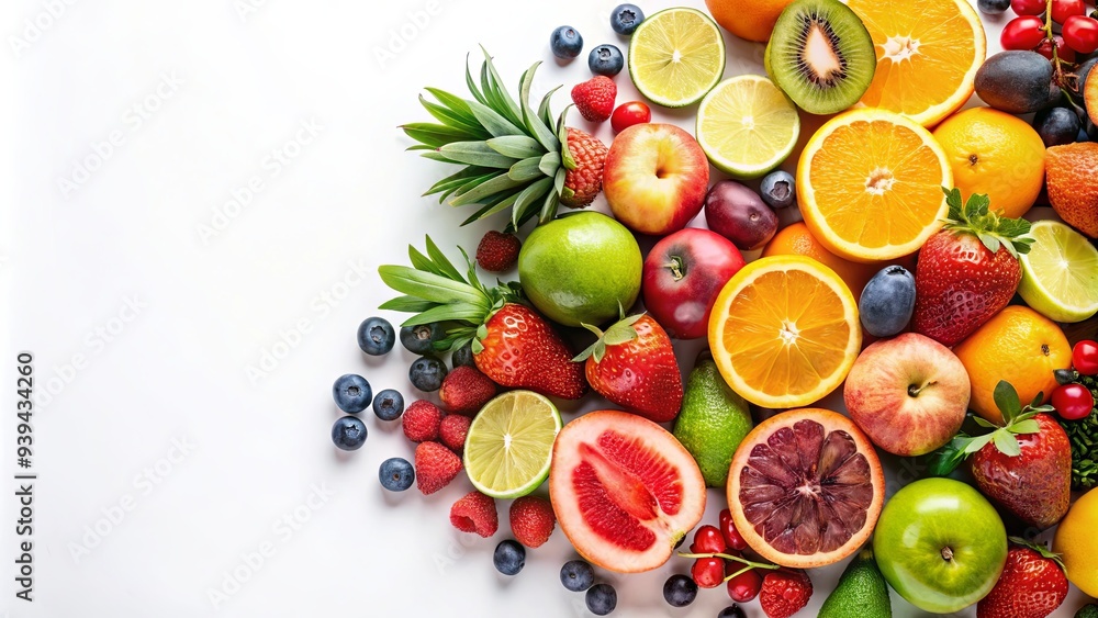 Studio shot of beautifully arranged fresh fruits on a white backdrop Studio shot of beautifully arranged fresh fruits on a white backdrop