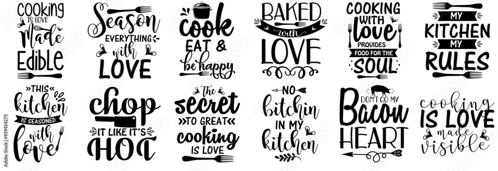 Fototapeta premium Minimalist Kitchen Quotes, Typographic Emblems Set Vector Illustration for Advertising, Gift Card, Logo