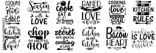 Minimalist Kitchen Quotes, Typographic Emblems Set Vector Illustration for Advertising, Gift Card, Logo
