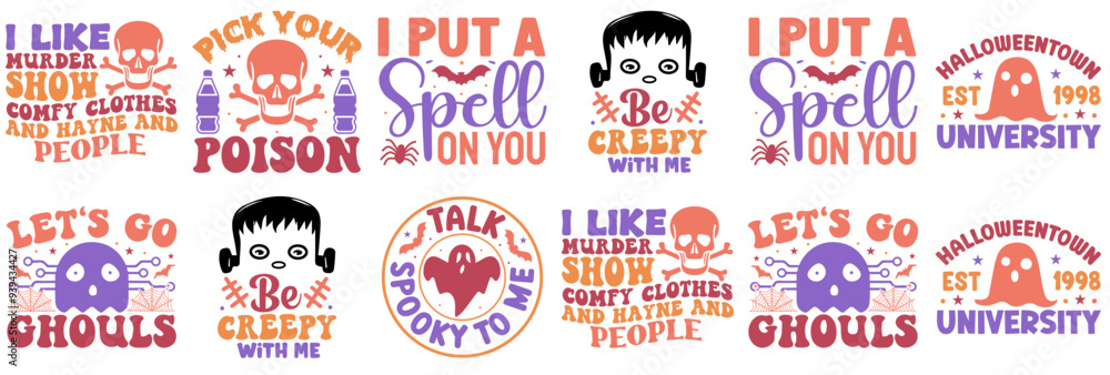 Naklejka premium Vibrant Halloween Typographic Emblems, Hand Lettering Pack Vector Illustration for Printing Press, Logo, Flyer