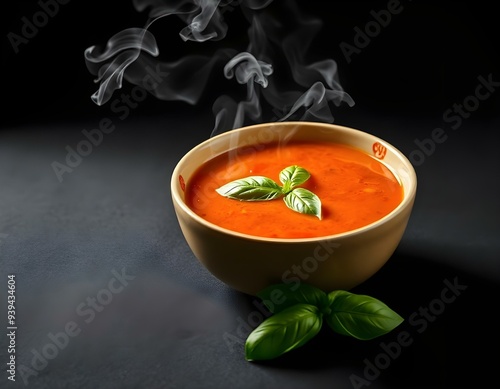 a bowl of steaming tomato soup isolated on a black background, with fresh basil leaves floating on top create with ai