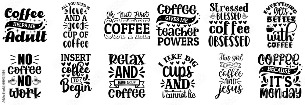 Fototapeta premium Colourful Coffee Calligraphy, Trendy Retro Style Illustration Bundle Vector Illustration for Gift Card, Brochure, Vouchers