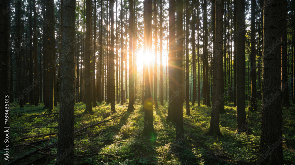 Obraz premium Ethereal Sunlight Through Forest Canopy, Sunlight filters through towering trees, creating a mystical ambiance, illuminating the forest floor with enchanting light.