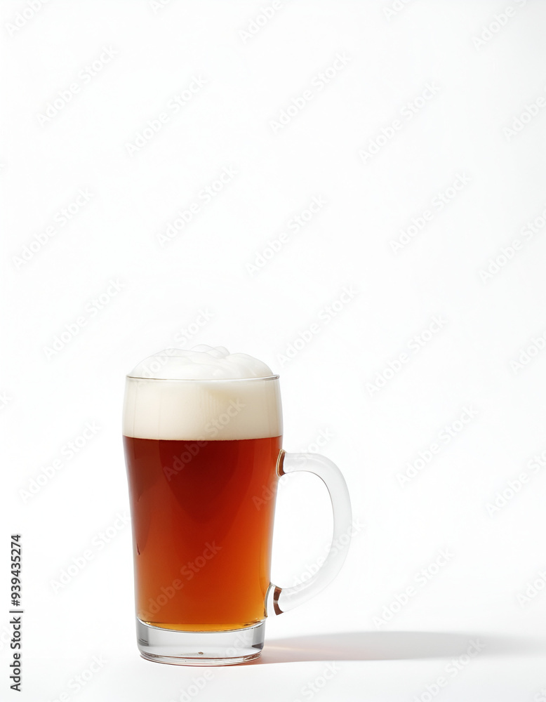 glass of amber colored beer with a thick white head against a plain white background glass of amber colored beer with a thick white head against a plain white background