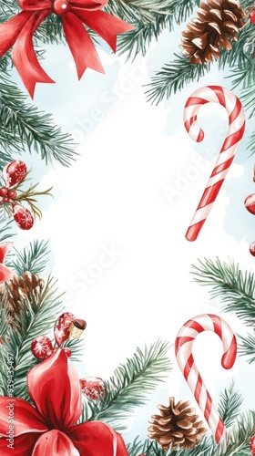 A festive Christmas frame with pine branches, candy canes, and holiday decorations, perfect for winter celebrations.