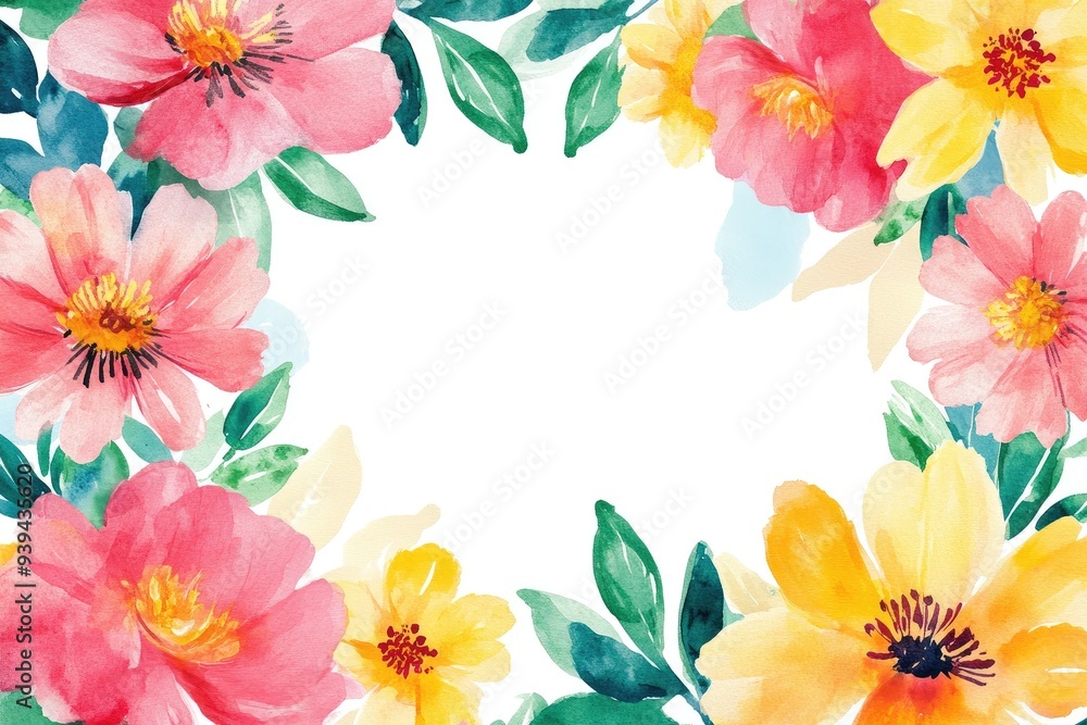 Fototapeta premium A vibrant watercolor floral border featuring pink, yellow flowers and lush green leaves, perfect for greeting cards and invitations.
