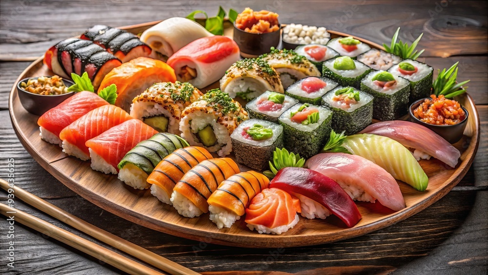Assorted sushi platter with a variety of rolls and sashimi portions, traditional Japanese cuisine for a delicious and healthy seafood dinner Assorted sushi platter with a variety of rolls and sashimi portions, traditional Japanese cuisine for a delicious and healthy seafood dinner